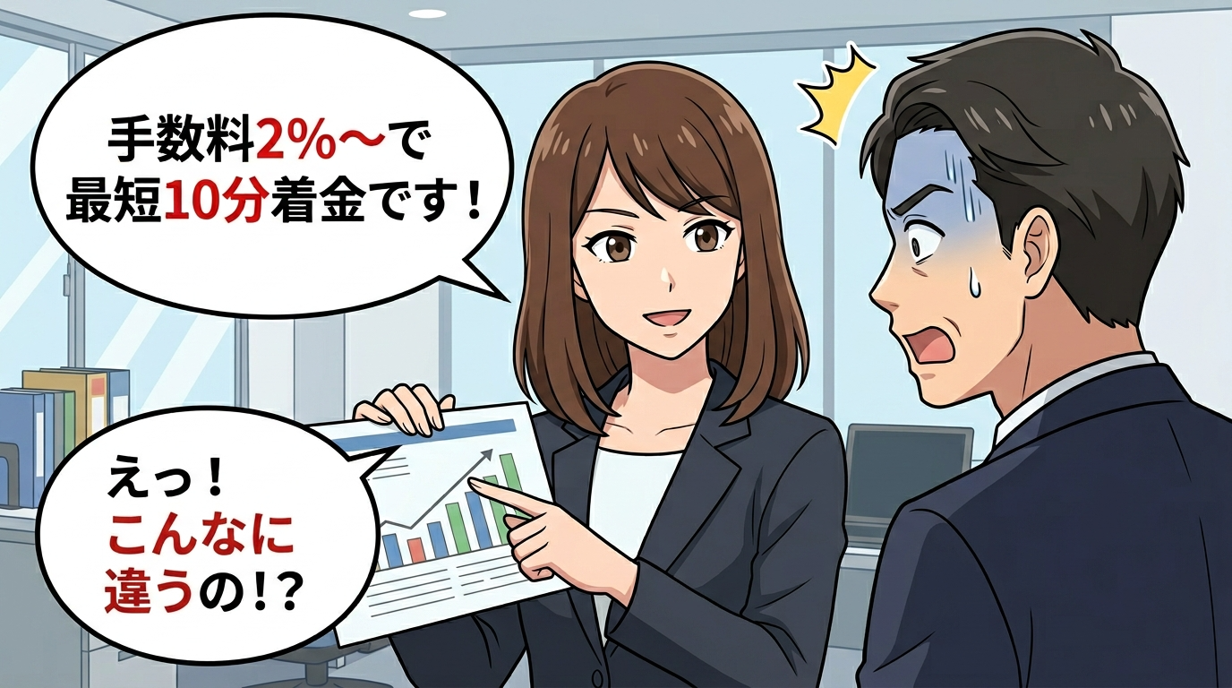 手数料2%〜で最短10分着金です！